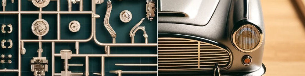 Mindfulness through model building featuring intricate model parts and a classic car front.