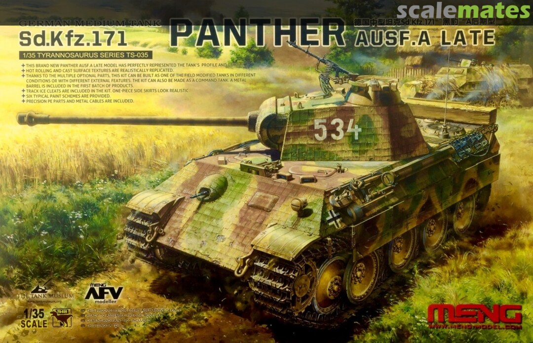 Model tank Sd.Kfz.171 Panther Ausf. A Late on a grassy field background with branding text.