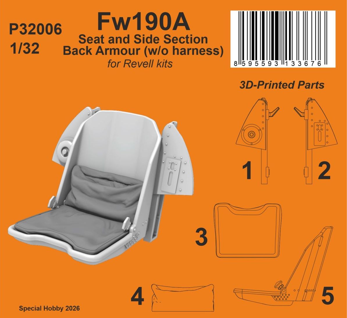 Focke-Wulf Fw-190A Seat and Side Section Back Armour (w/o harness) 1/32 /(designed to be used with Revell kits)