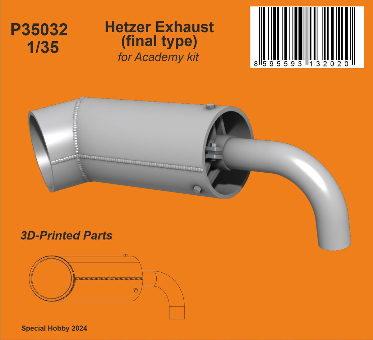 Hetzer Exhaust (final type) for Academy kit The final variety of Hetzer exhaust stub, made by direct 3D print. (designed to be used with Academy and Tacom kits)
