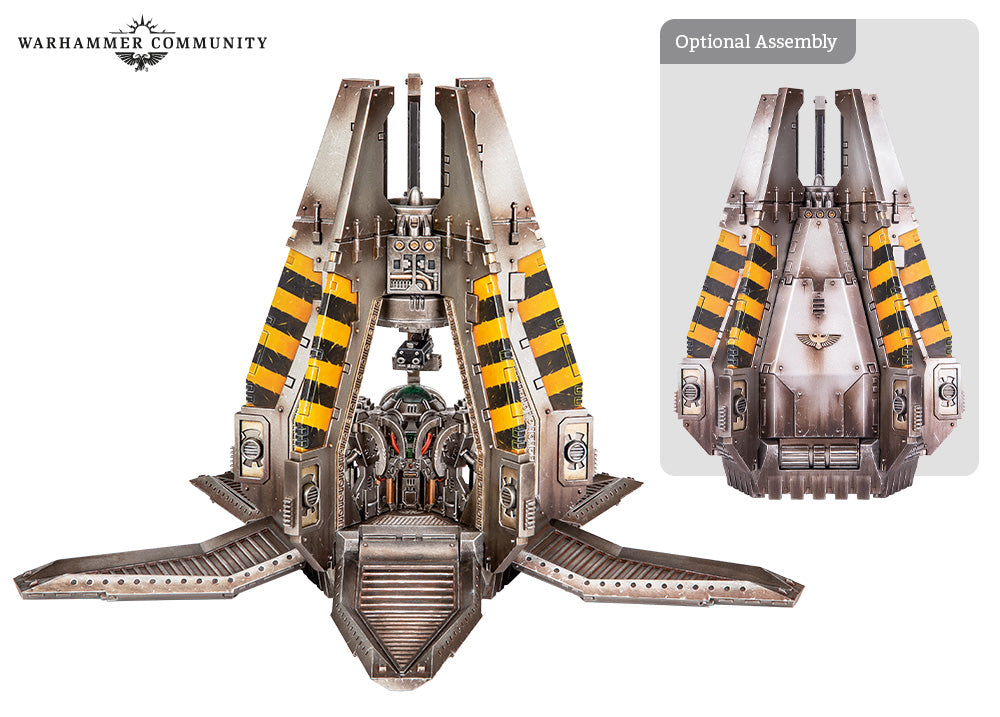 Toy model of a large mechanical structure with yellow and black stripes, accompanied by an 'Optional Assembly' packaging.