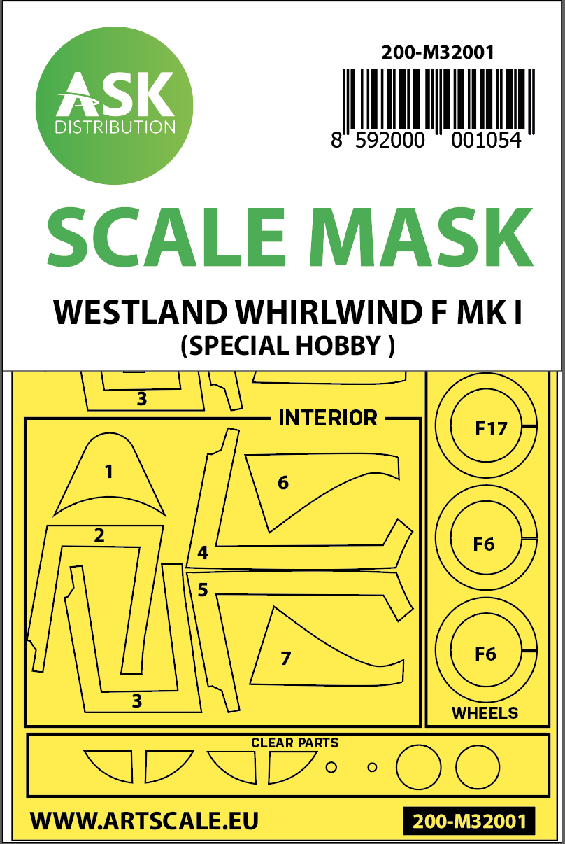 Westland Whirlwind Mk.I Kabuki wheels and canopy frame paint masks (inside & outside) (designed to be used with Special Hobby kits)