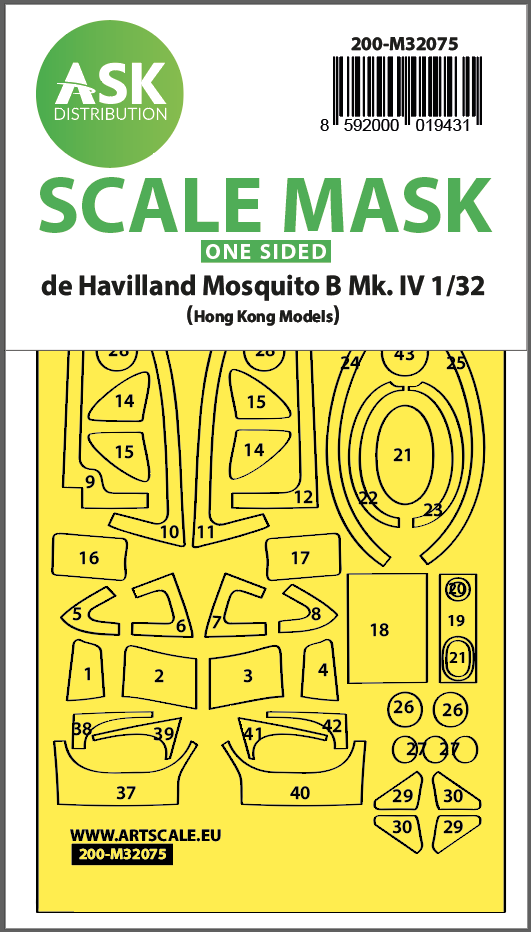 de Havilland Mosquito B Mk.IV canopy frame paint masks (outside only) (designed to be used with Hong Kong Models kits)