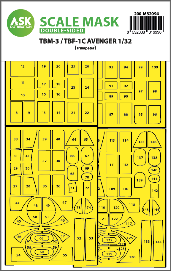 Grumman TBM-3 / TBF-1C Avenger canopy frame paint mask (inside and outside) (designed to be used with Trumpeter kits)