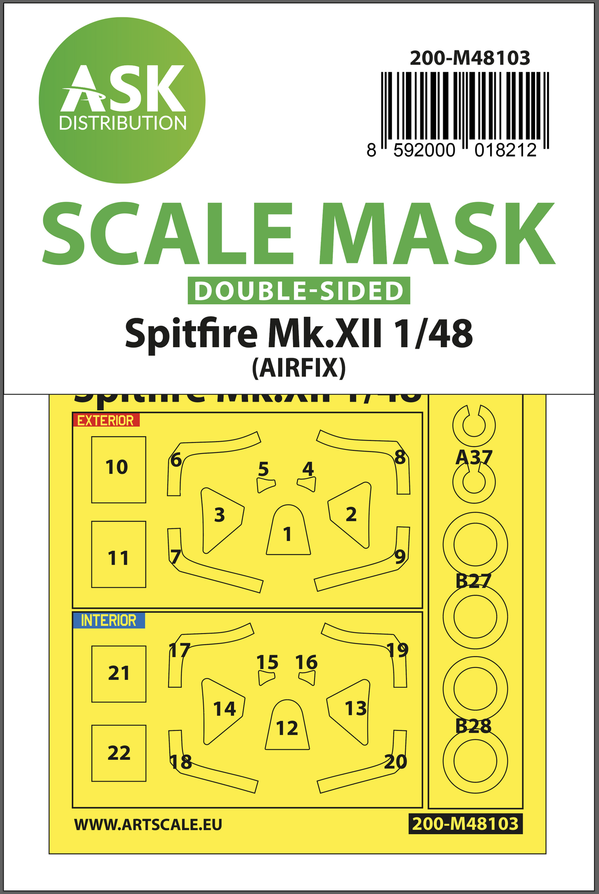 Supermarine Spitfire Mk.XII wheels and canopy frame paint masks (inside and outside) (designed to be used with Airfix kits)
