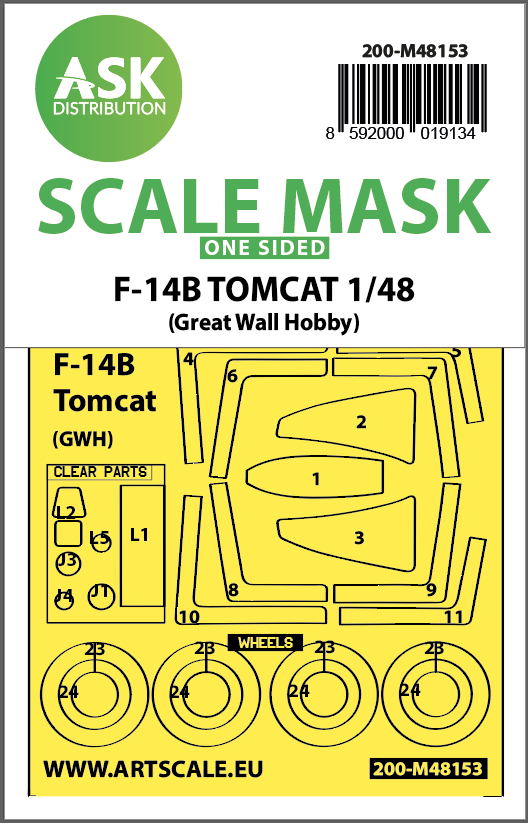 Grumman F-14B Tomcat wheels and canopy frame paint mask (outside only) (designed to be used with Great Wall Hobby kits).