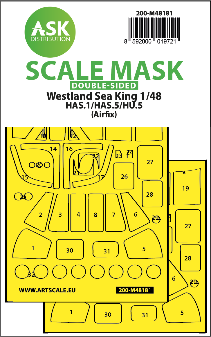 Westland Sea King HAS.1/HAS.5/HU.5 wheels and canopy frame paint mask (inside and outside) (designed to be used with Airfix kits)