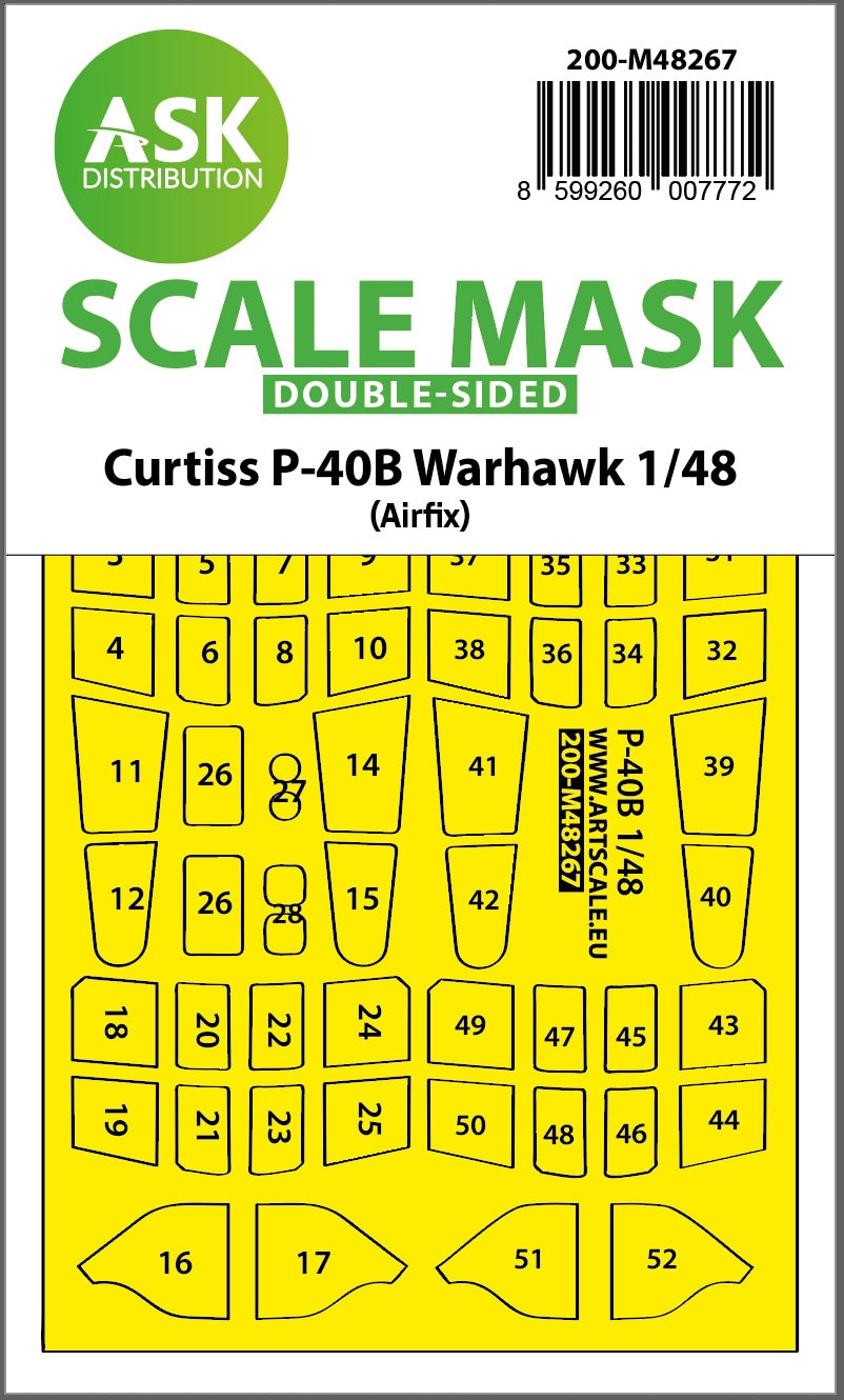 Curtiss P-40B Warhawk canopy frame paint mask (inside and outside) (designed to be used with Airfix kits)