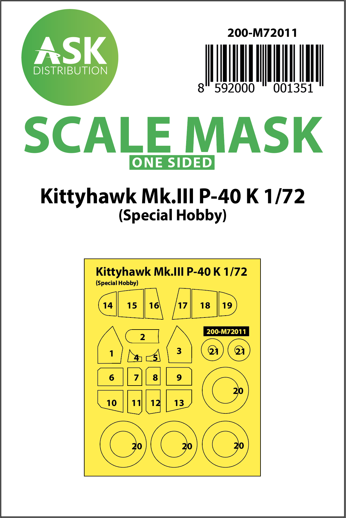 Curtiss Kittyhawk Mk.III P-40K Kabuki wheels and canopy frame paint masks (outside only) (designed to be used with Special Hobby kits)