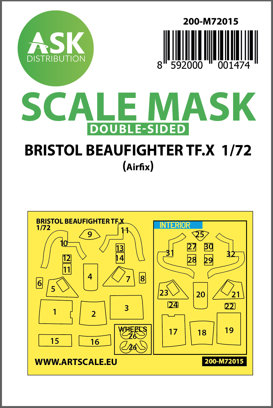Bristol Beaufighter TF.X Kabuki canopy frame paint masks (inside & outside) (designed to be used with Airfix kits)