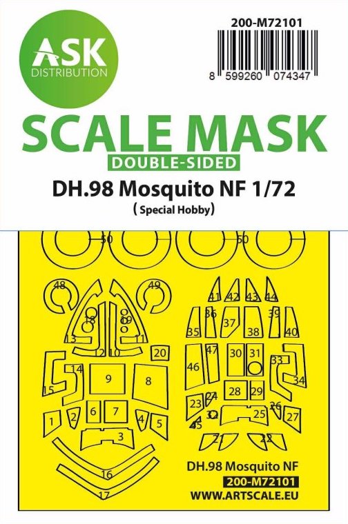 de Havilland DH.98 Mosquito NF Mk.30 wheels and canopy frame paint mask (inside and outside) (designed to be used with Special Hobby kits)