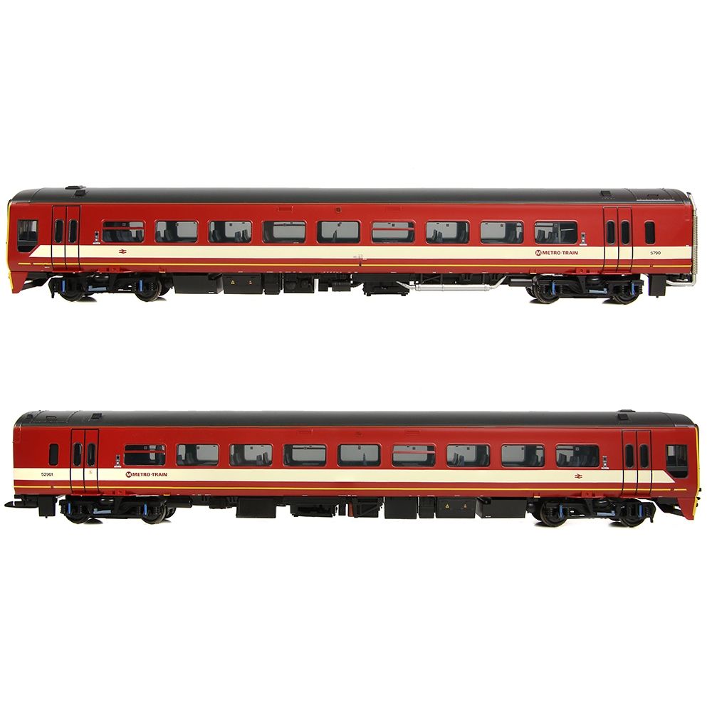 Two red train carriages with a white stripe on a white background