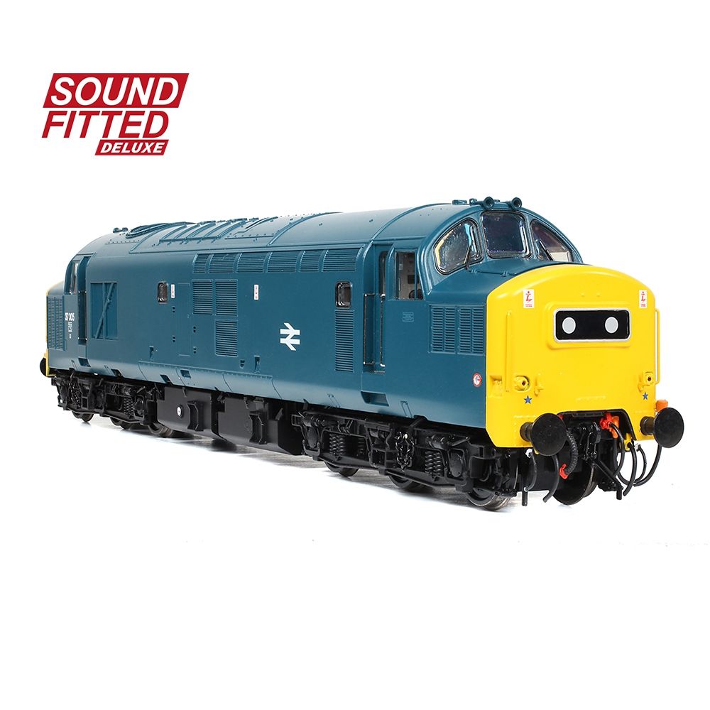Model train engine with blue body and yellow front on a white background, featuring 'Sound Fitted Deluxe' text.