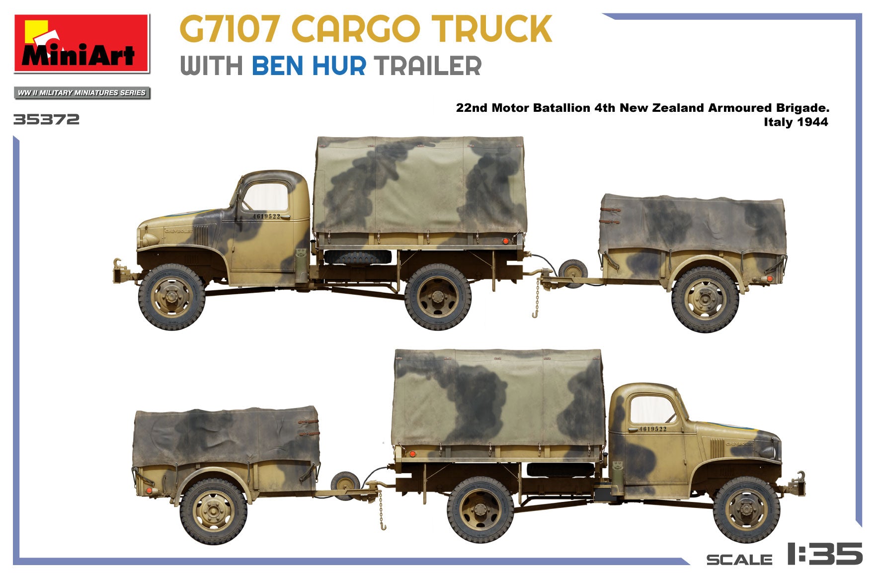 Model kit of a cargo truck with Ben Hur trailer on a blue background
