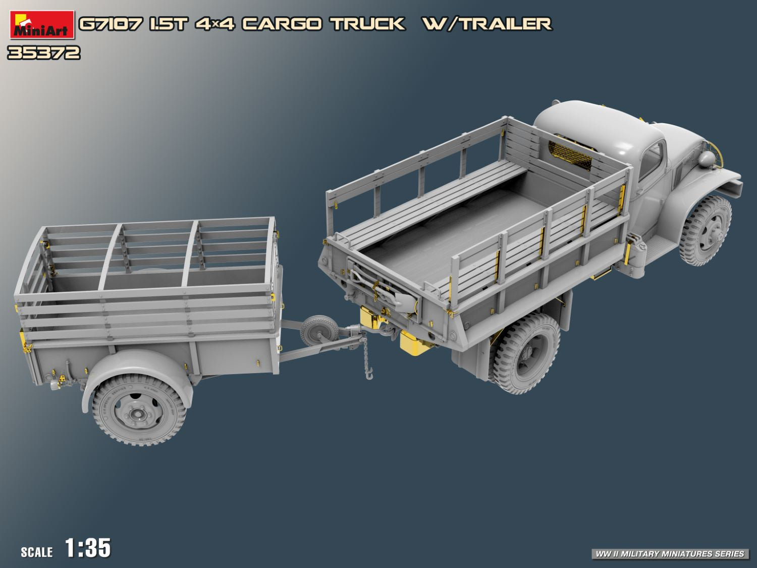 Model of a 1st 4x4 cargo truck with trailer on a gray background, featuring MiniArt branding.
