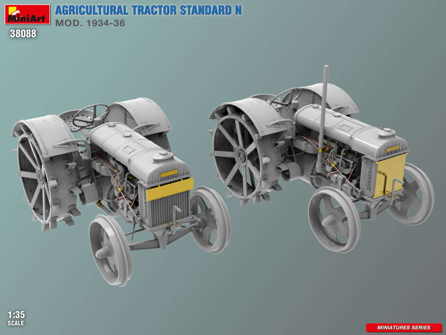 Model tractor kit on a gray background with branding and product details.