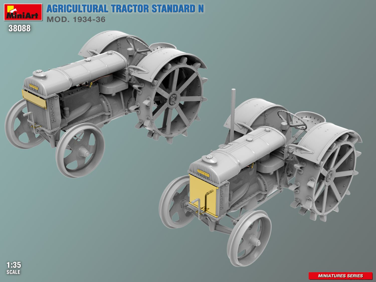 Model of an agricultural tractor on a gradient background with branding and product details.