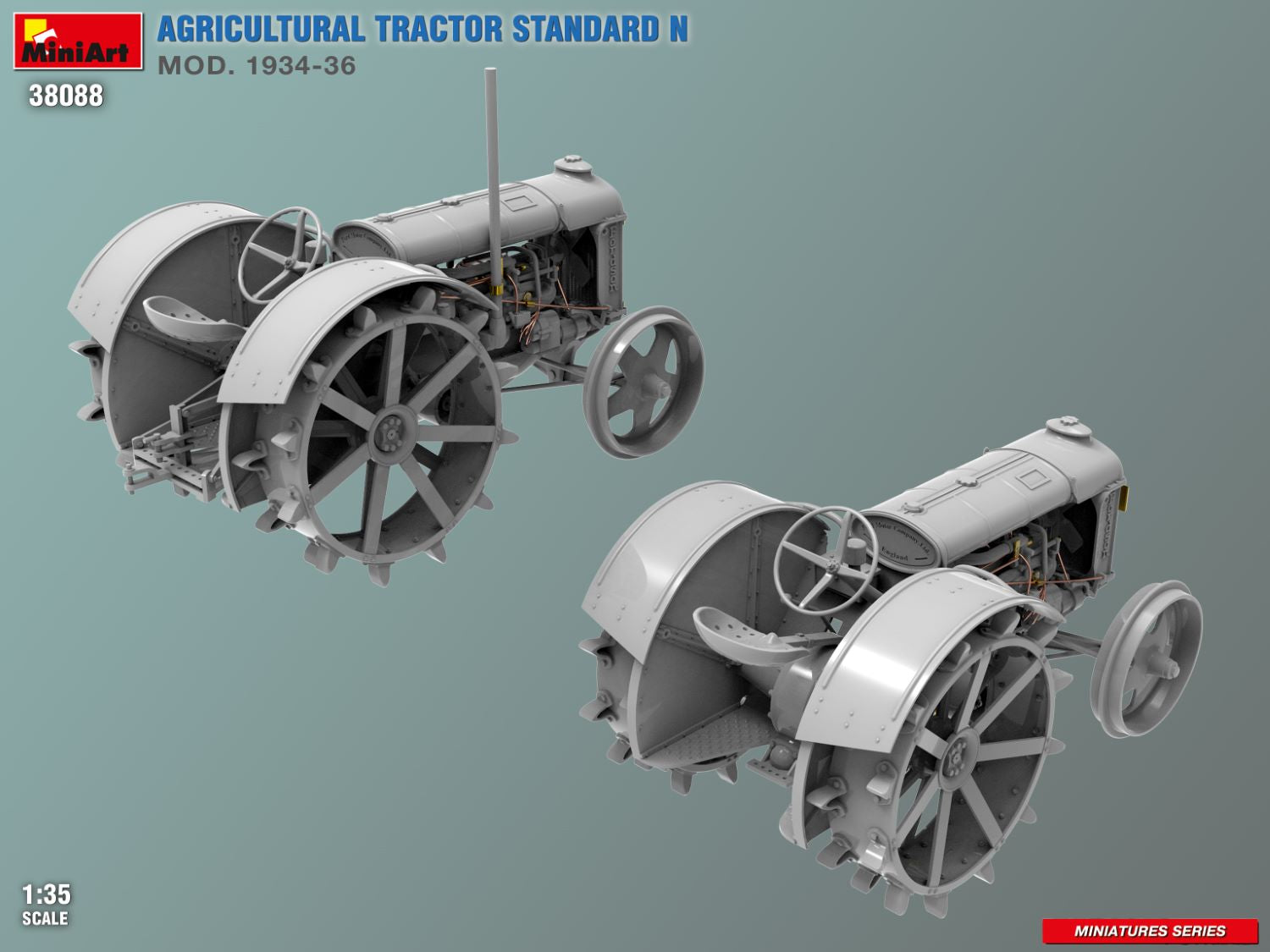 Model of an agricultural tractor on a gradient background with branding and product details.
