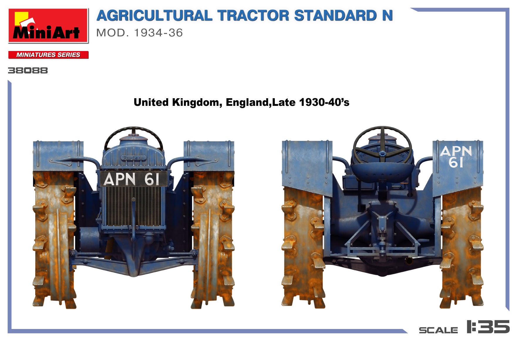 Model of an agricultural tractor with details on scale and origin.