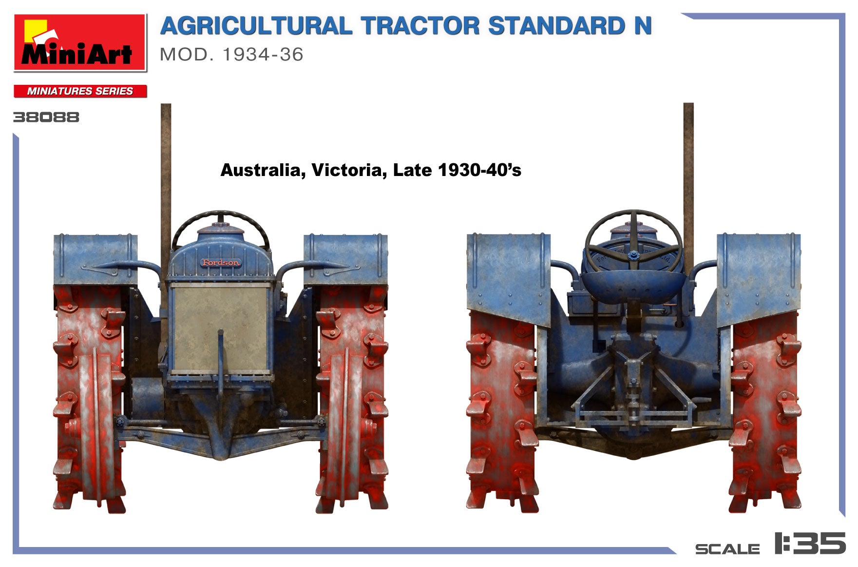 Model of an agricultural tractor with text indicating its origin and time period.
