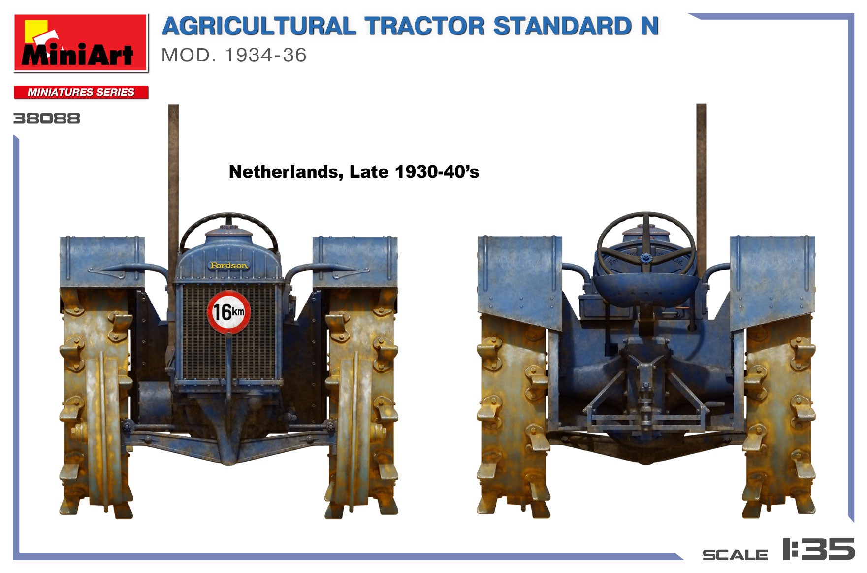 Model of an agricultural tractor with details on scale and period, featuring the MiniArt brand.