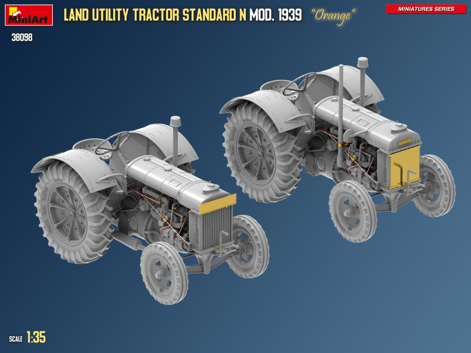 Model of a land utility tractor with 'Orange' branding on a blue background