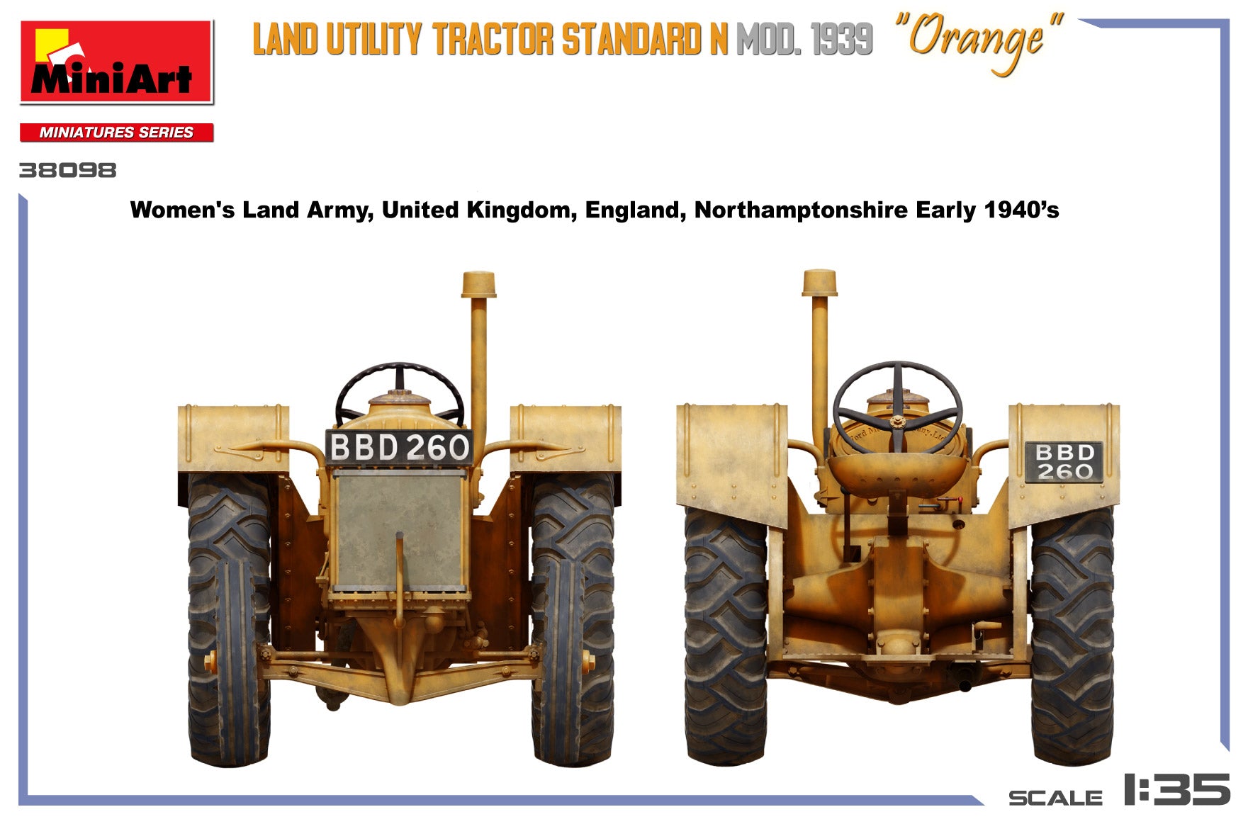 Model kit of a Land Utility Tractor with branding and text on a white background