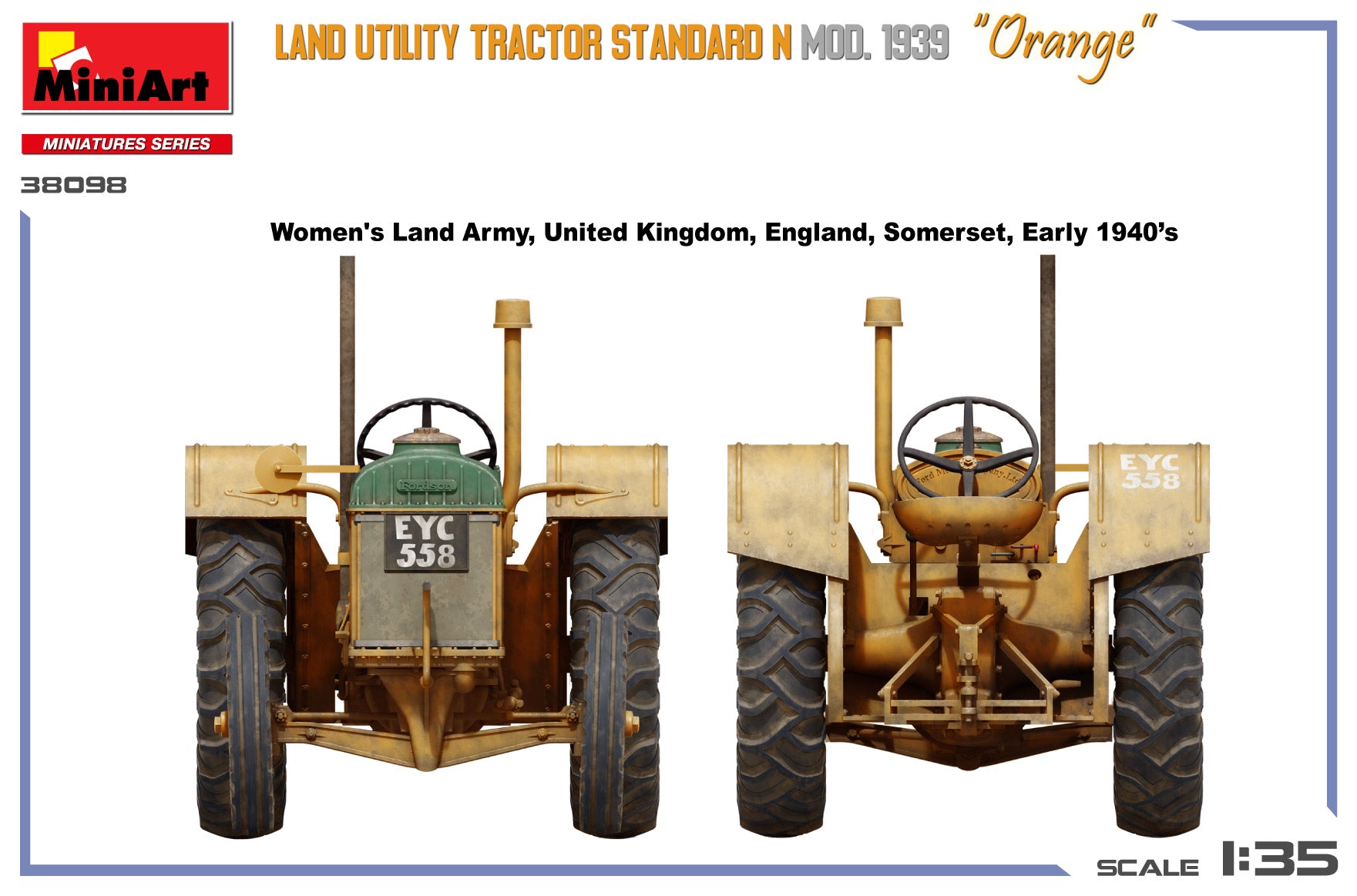 Model tractor with 'MiniArt' branding and details about the Women's Land Army on a white background.