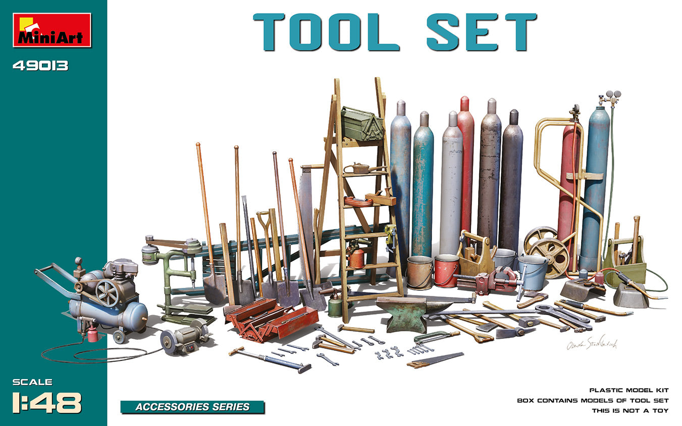 Model tool set packaging with various tools and equipment on a white background