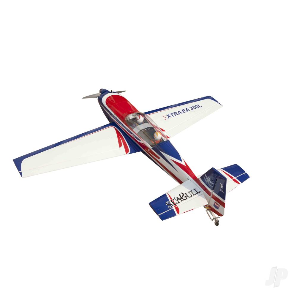 Seagull Extra EA 300L RC aircraft in vibrant red, blue, and white colors, showcasing its aerodynamic design and detail.