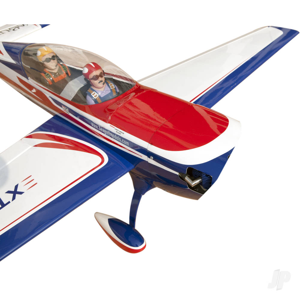 Close-up of the Seagull Extra EA 300L RC aircraft featuring pilots in the cockpit, showcasing its detailed design.