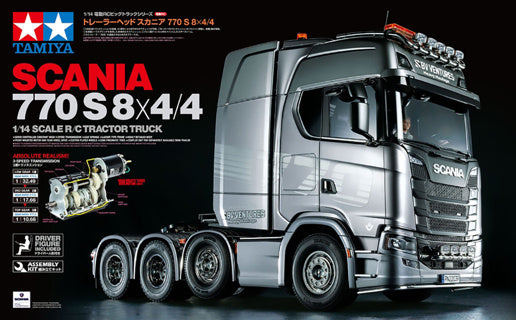 Tamiya Scania 8X4/4 56371 showcases the detailed Scania 770 S RC semi-truck, a must-have for model enthusiasts.