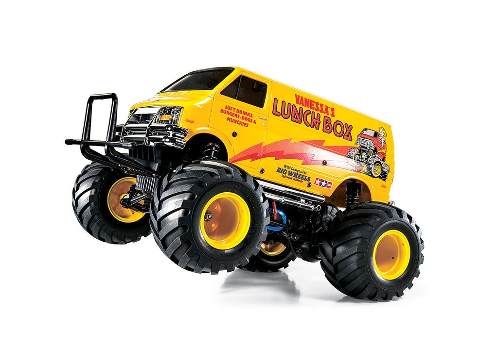 Tamiya Lunch Box EVO RC monster truck kit featuring upgraded suspension and wheelie performance.