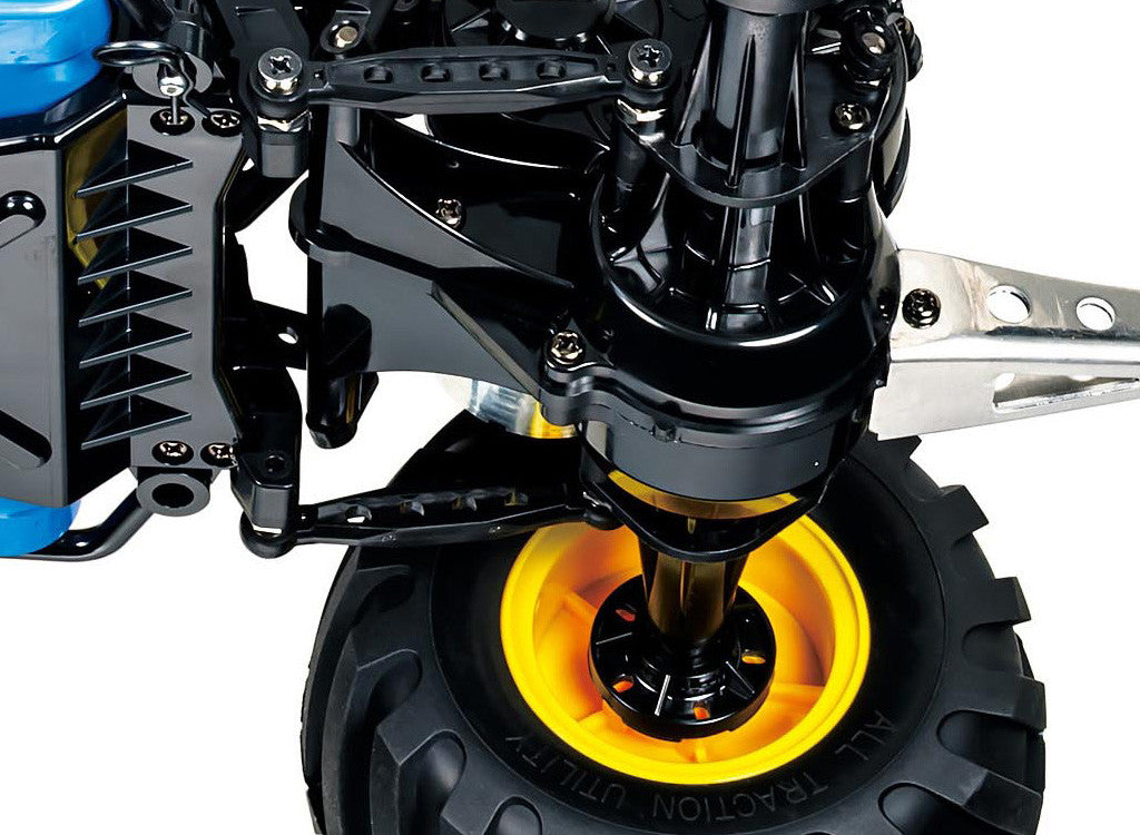 Tamiya Lunch Box EVO (58755) showcasing the detailed suspension and wheel of the best selling RC monster truck kit.