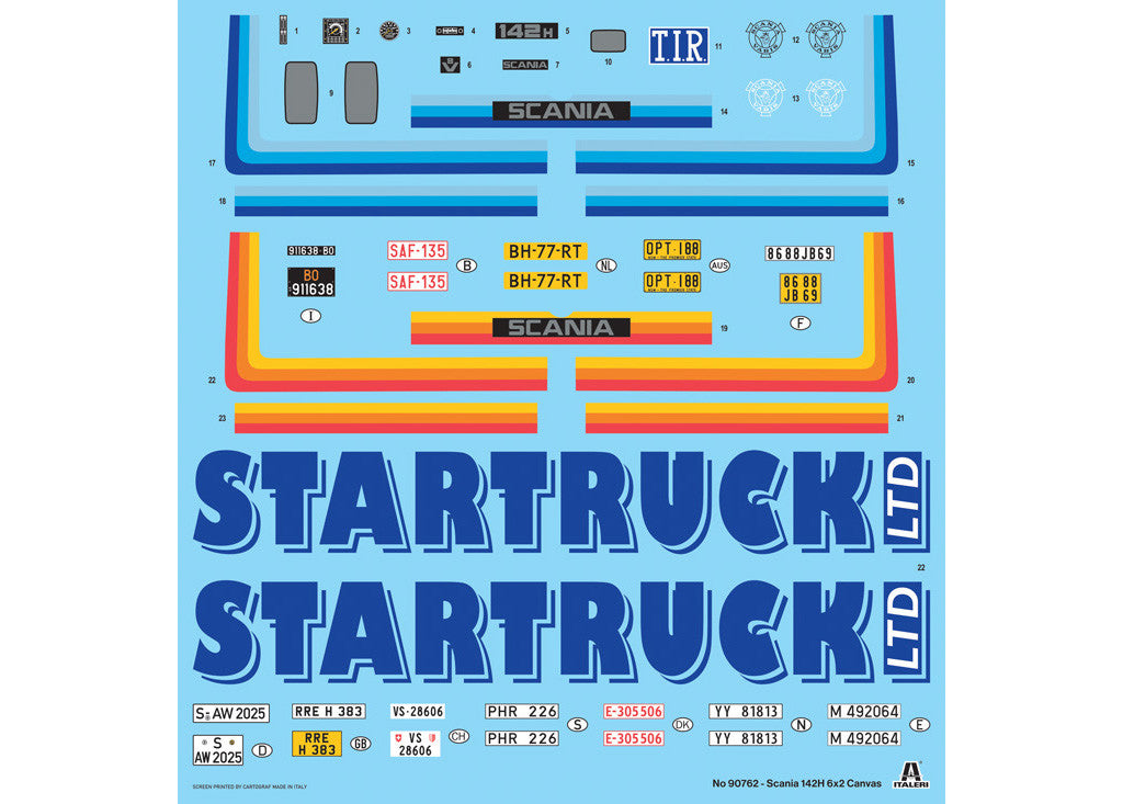 Decal sheet for a Scania truck with 'Startruck Ltd' branding on a blue background