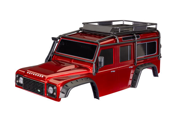 Body, Land Rover Defender, Red (complete with ExoCage, fuel canisters, jack, spare tyre mount & clipless mounting)