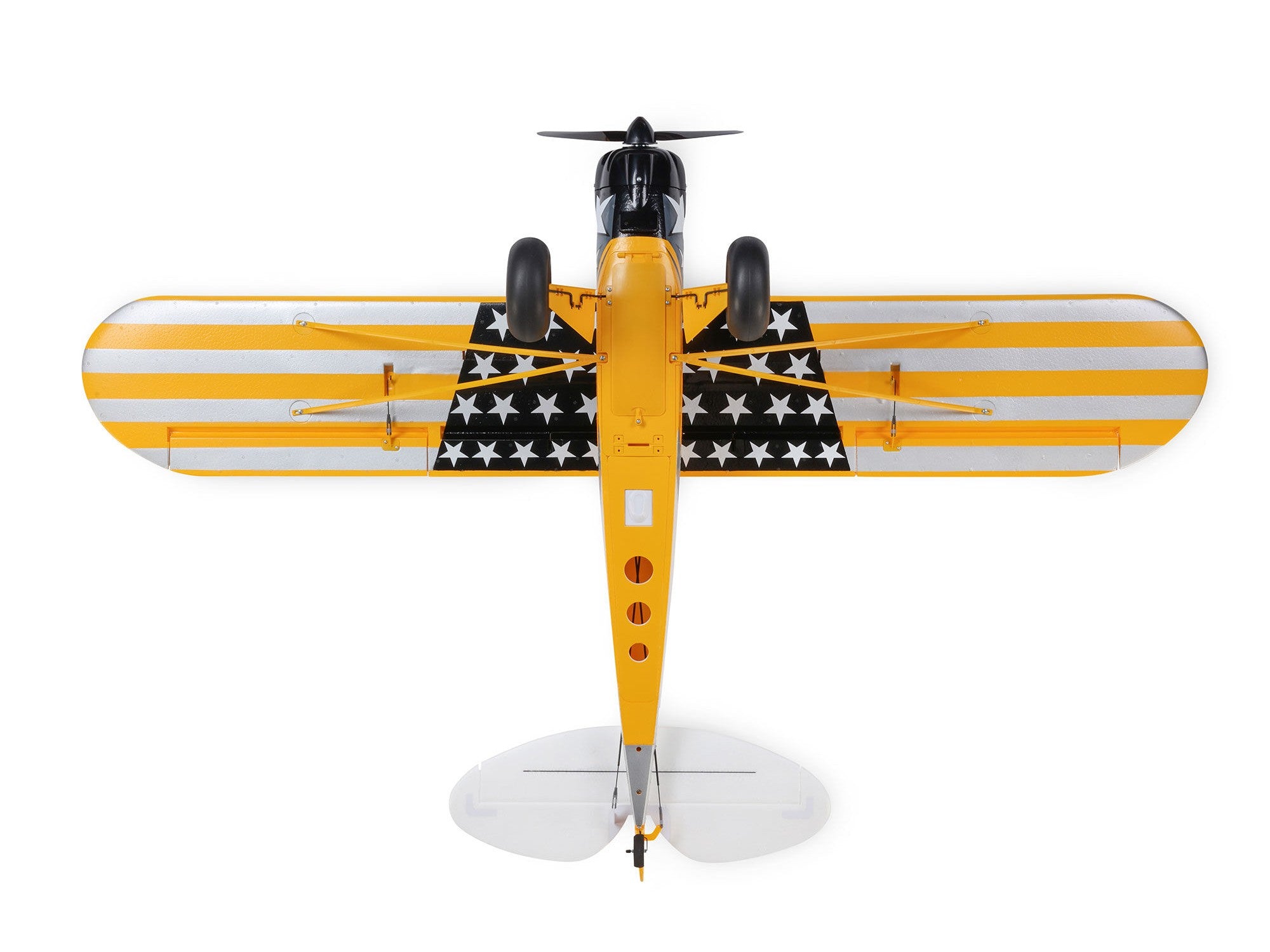 Carbon Cub S 2 Cleetus McFarland RC airplane top view with yellow and black star design.