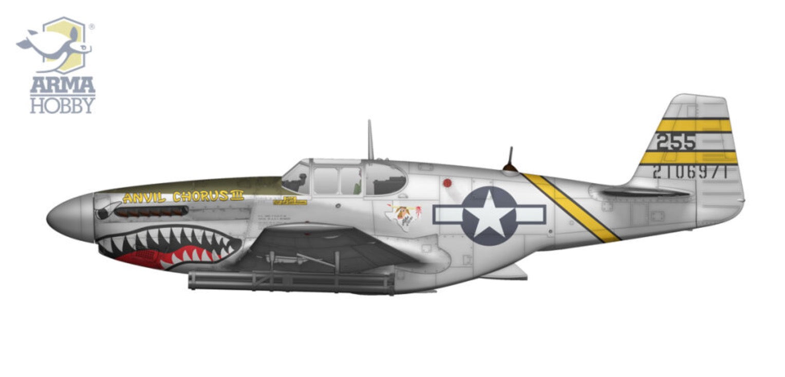 Model airplane with a shark mouth design on a white background, featuring the Arma Hobby logo.