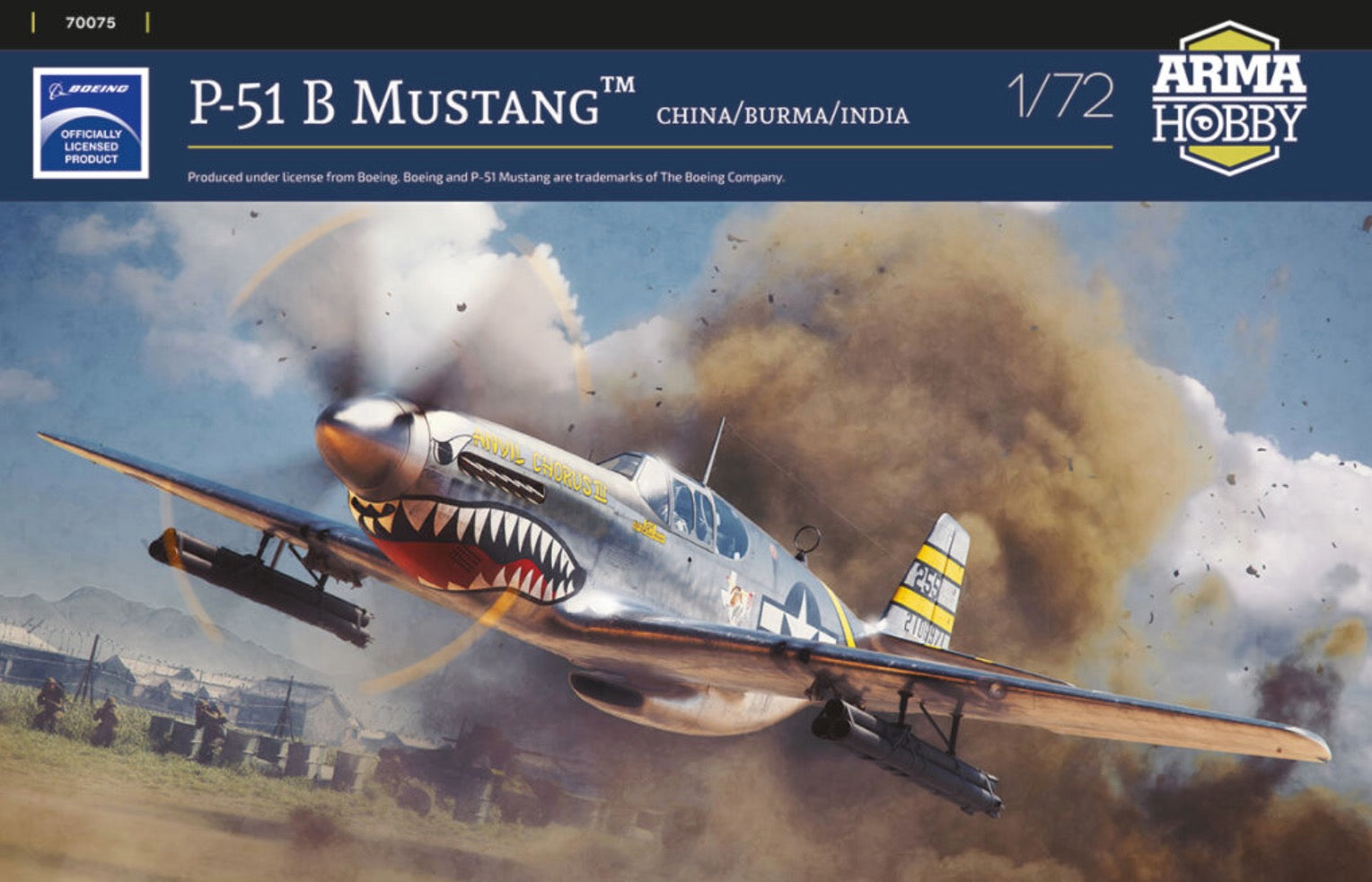 Model airplane kit of a P-51 B Mustang with ArmA Hobby branding on the packaging.