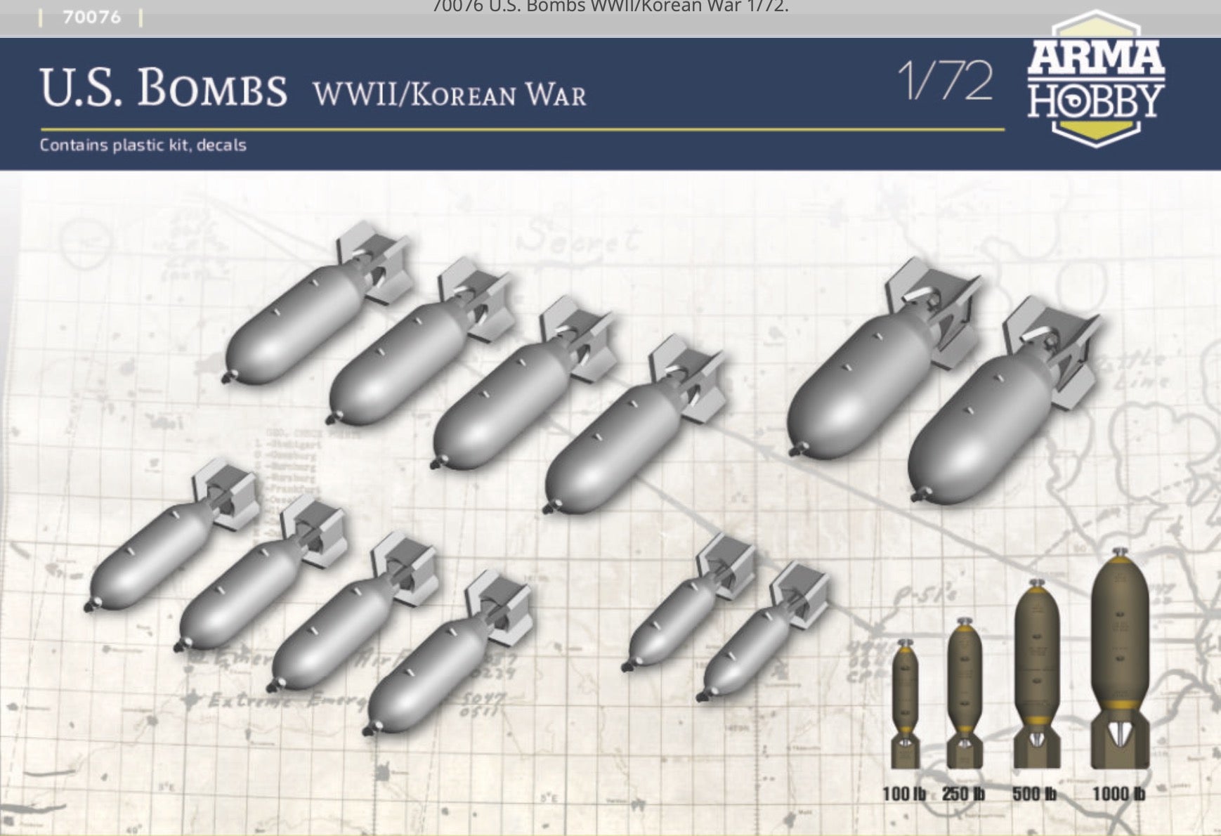 Model kit of U.S. bombs for WWII and Korean War on a technical drawing background, featuring Arma Hobby branding.