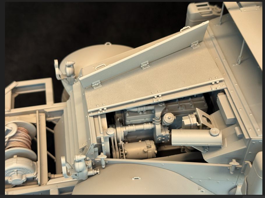 Detailed view of the engine compartment in the 1/16 scale M3 M3A1 Halftrack model kit by Andy's Hobby.