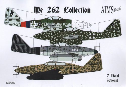 Messerschmitt Me-262A/B Collection (7) A-1 Black 33 2/AGr 6; Prototype VO56 ; Black 4 JG 7 Red/Blue Reich Defence Bands; White 22 JG 44 Salzburg; Green B3+BC Stab 7/KG(J)54; B-2 SH 1/KG(J) 54 with white lightning flash on nose; 10/NJG 11 Magdeburg;