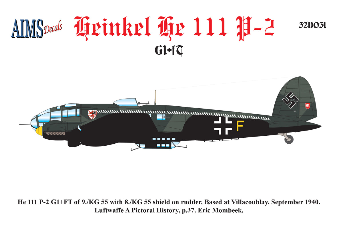 Heinkel He-111P-2 For Revell He 111 P He 111 P-2 G1+FT of 9./KG 55, Villacoublay, 1940.
