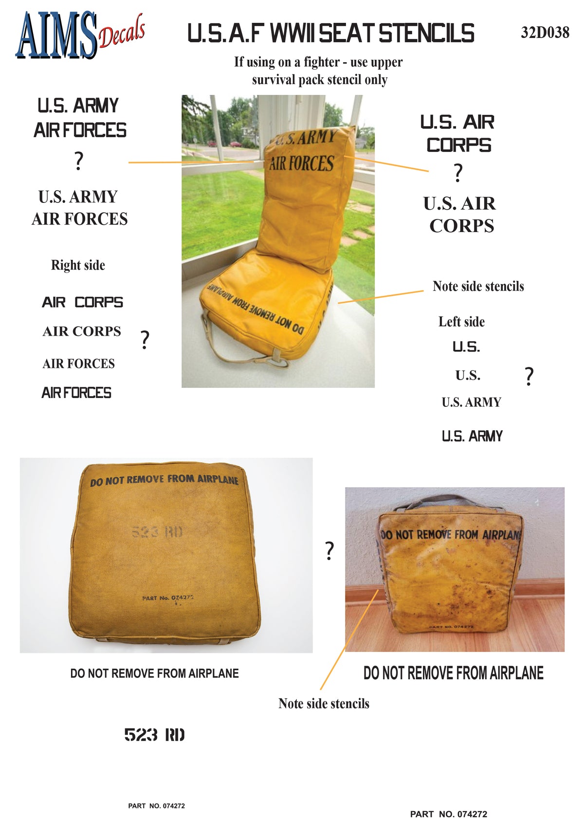 USAF seat stencils - use lower pack stencils only on bombers