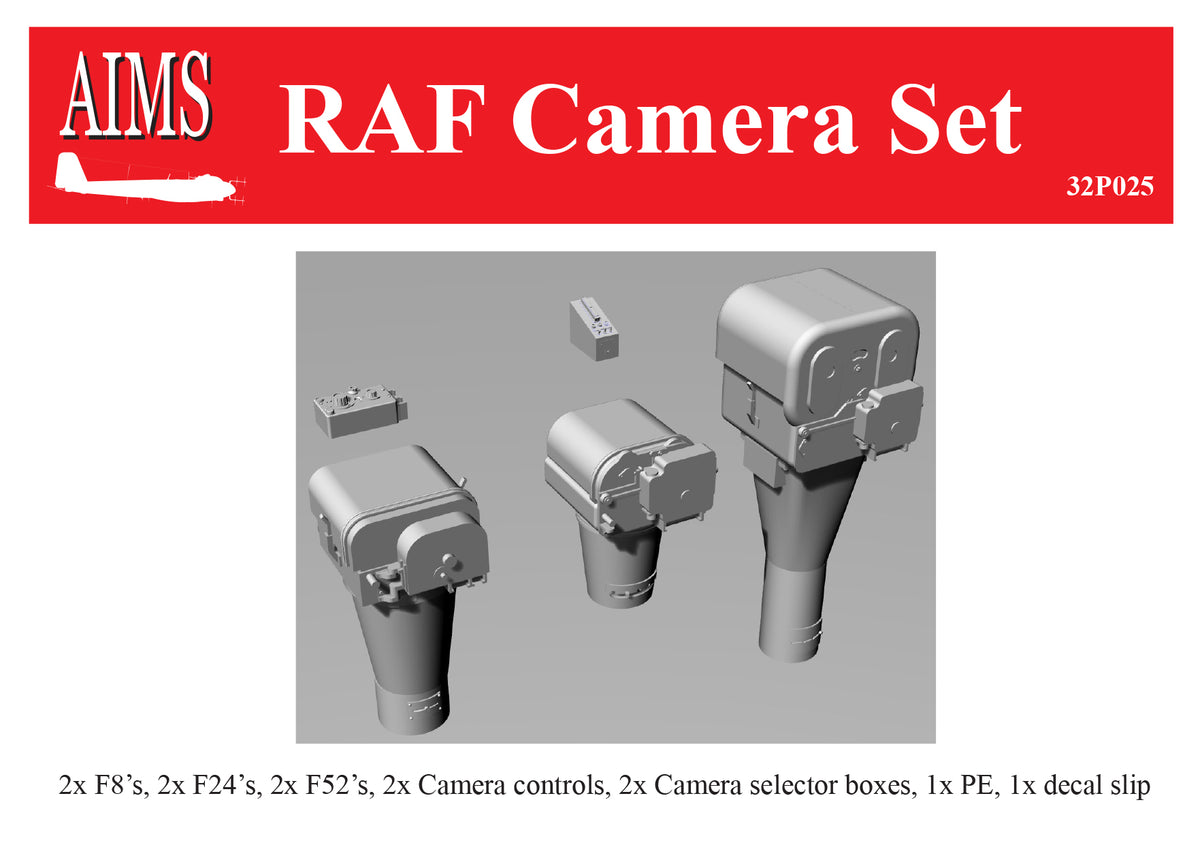 RAF Camera set - includes 2x F8's, 2x F24's, 2x F52's, 2x Camera controls, 2x Camera selector boxes, 1x PE, 1x decal slipFor WW II British Photo Reconnaissance aircraft