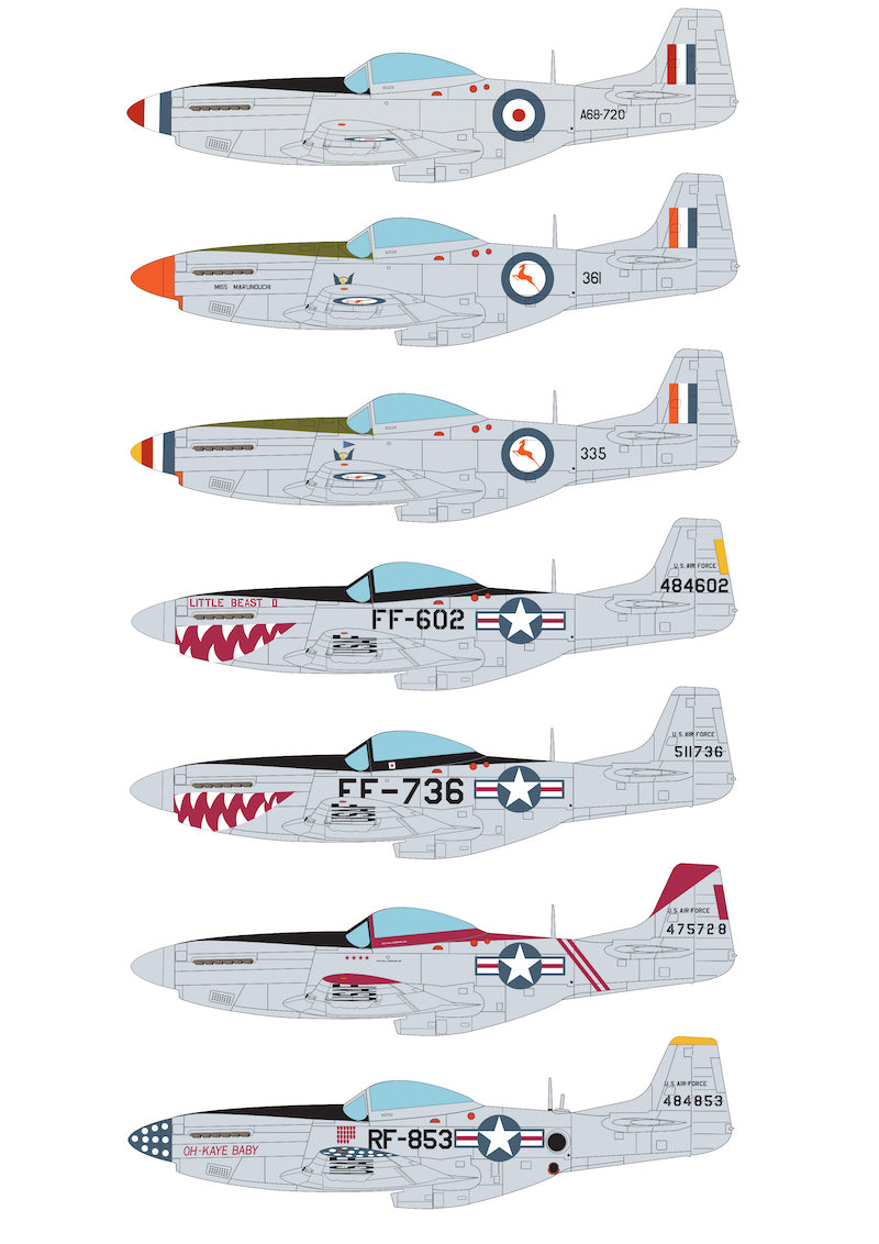 Korean War North-American P-51D Mustangs. Includes RSAAF x 2 inc 'Miss Marunochi', USAAF x 4 inc OH-KAYE BABY' and 'LITTLE BEAST II'