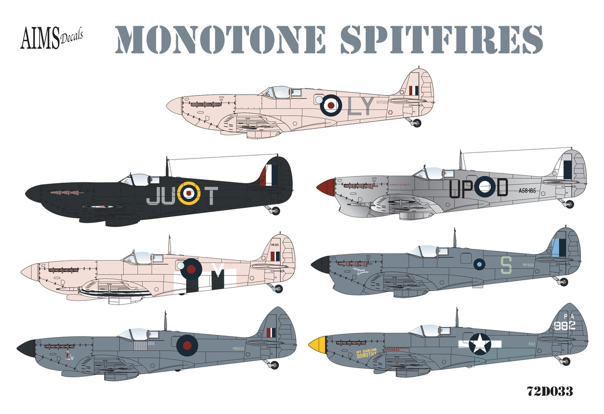 Monotone Supermarine Spitfires Pr.Mk.IV, Pr Mk.IX, PR Mk.IG, Mk.Vc, Mk.Vb