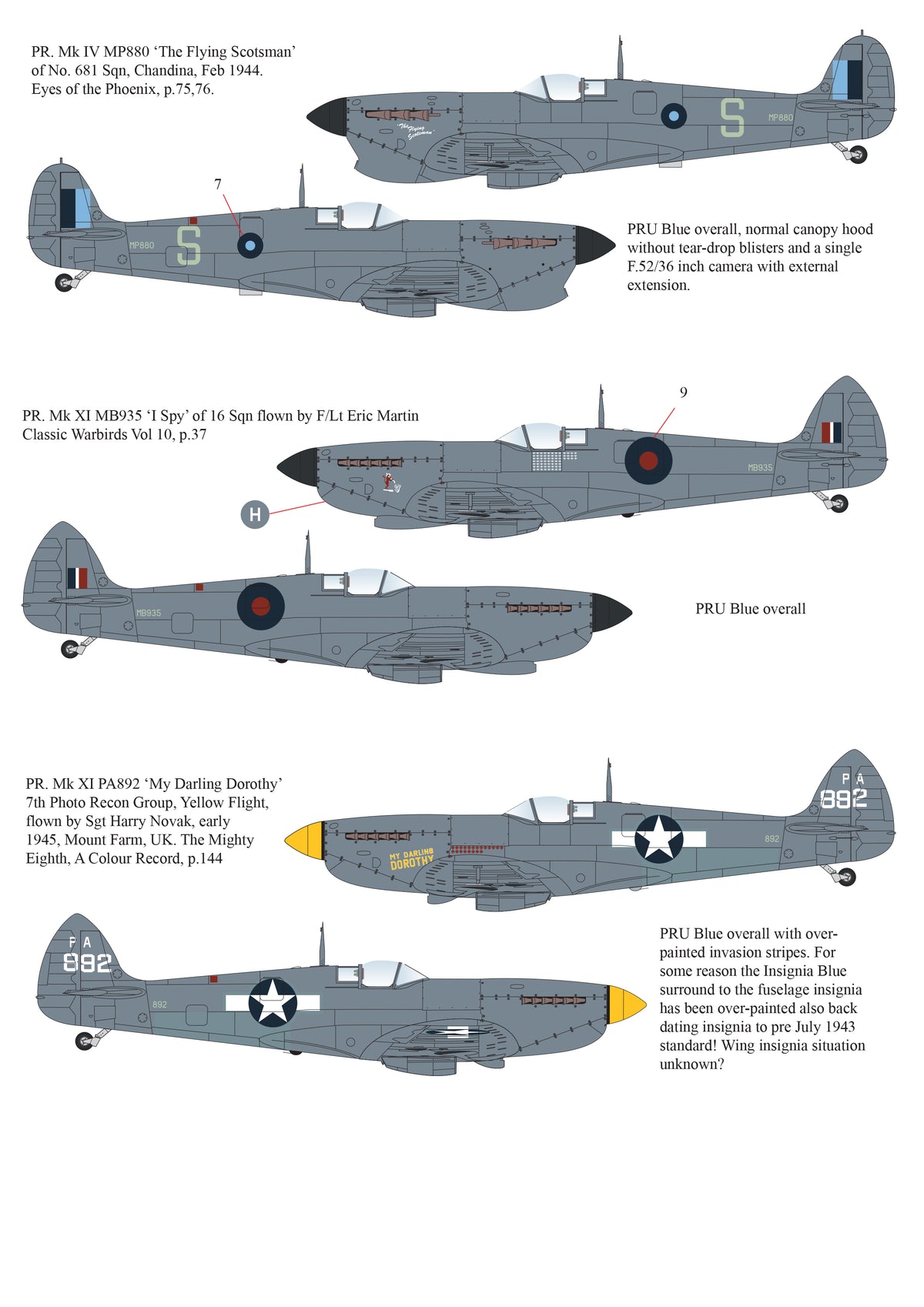 Monotone Supermarine Spitfires Pr.Mk.IV, Pr Mk.IX, PR Mk.IG, Mk.Vc, Mk.Vb