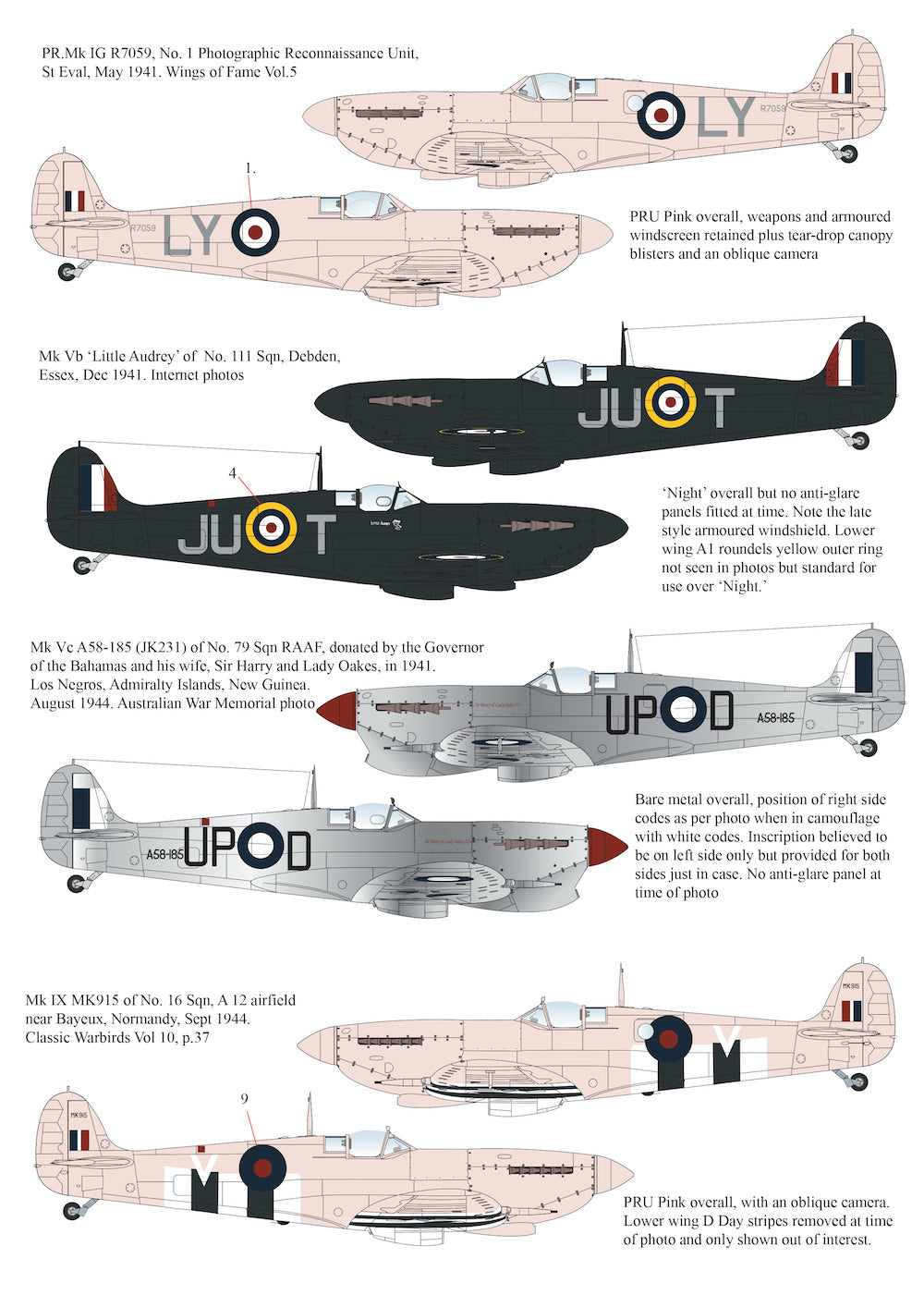 Monotone Supermarine Spitfires Pr.Mk.IV, Pr Mk.IX, PR Mk.IG, Mk.Vc, Mk.Vb