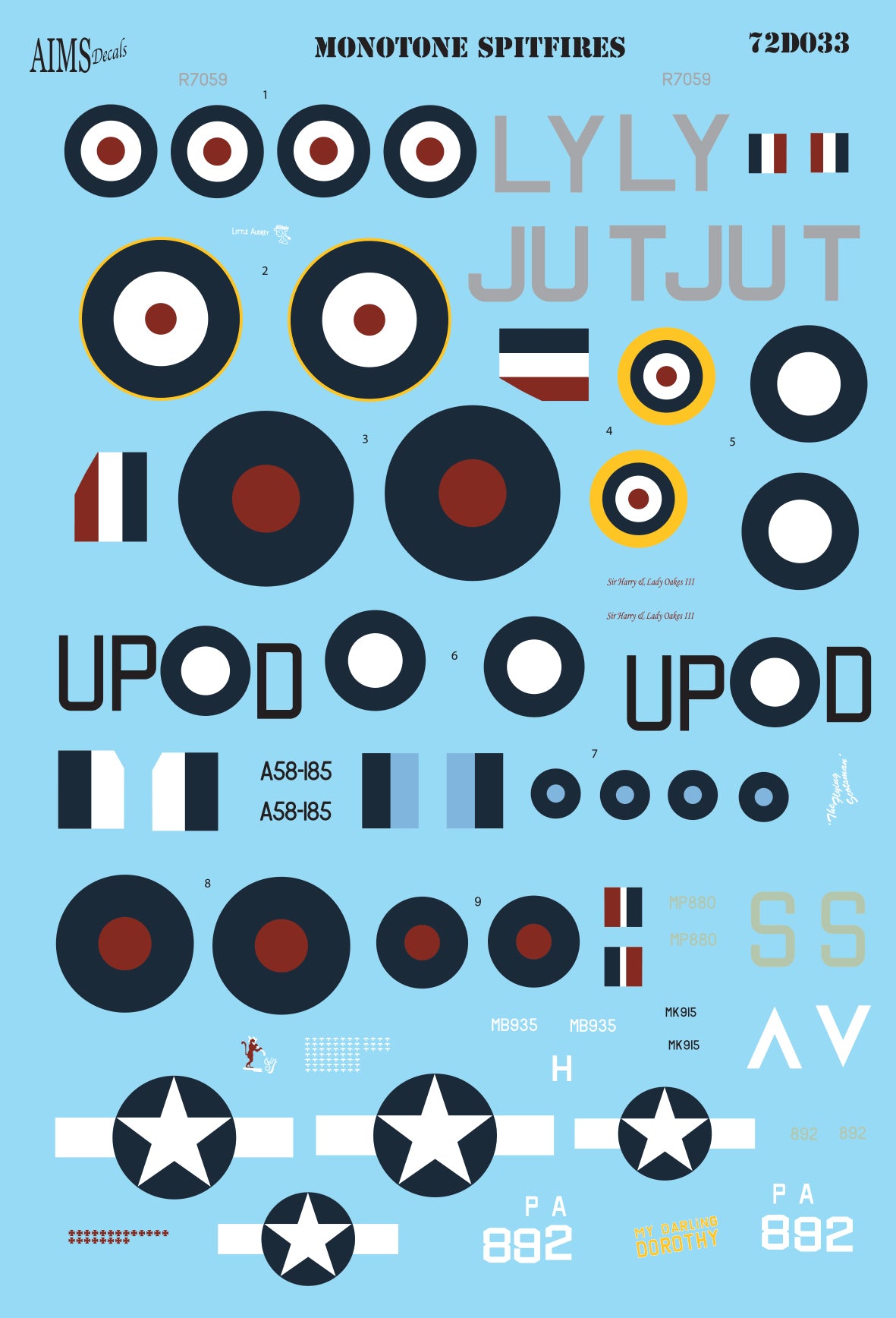 Monotone Supermarine Spitfires Pr.Mk.IV, Pr Mk.IX, PR Mk.IG, Mk.Vc, Mk.Vb